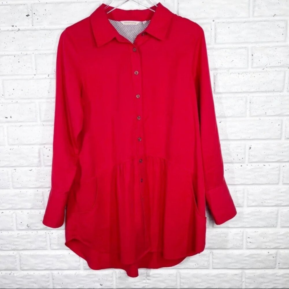SOFT SURROUNDINGS Red Button Down Long Sleeve Top Ruffle Hem